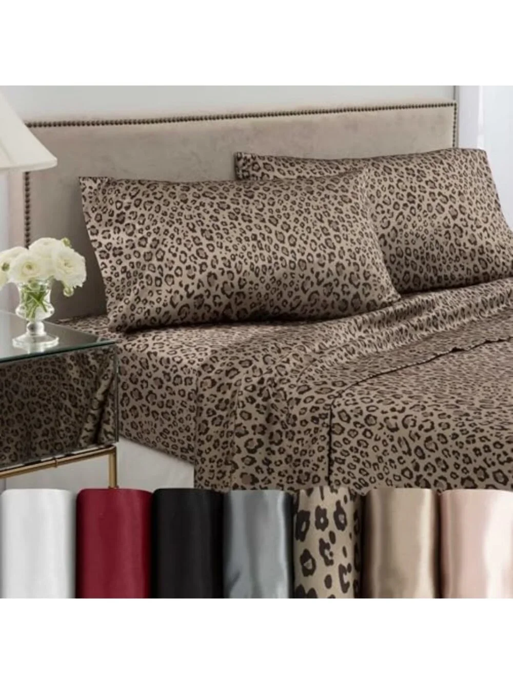 Luxurious 4-Piece Queen Satin Sheet Set in Chic Leopard Print - Soft & Stylish